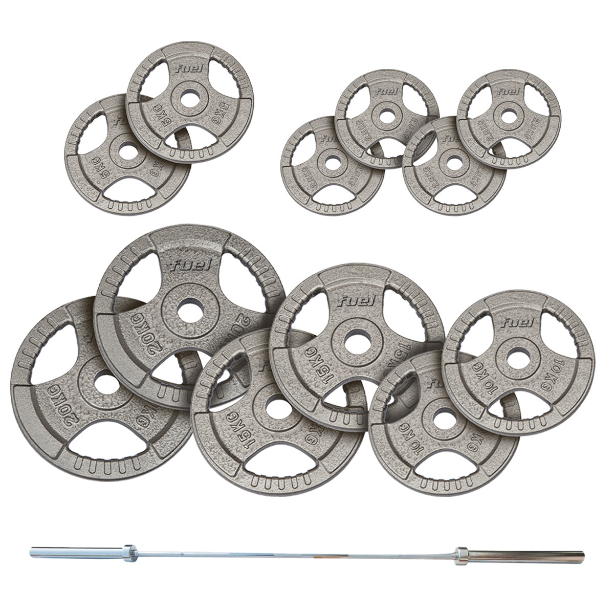 |FuelFitness130kgOlympicTriGripCastIronWeightSetwith7ftBar|