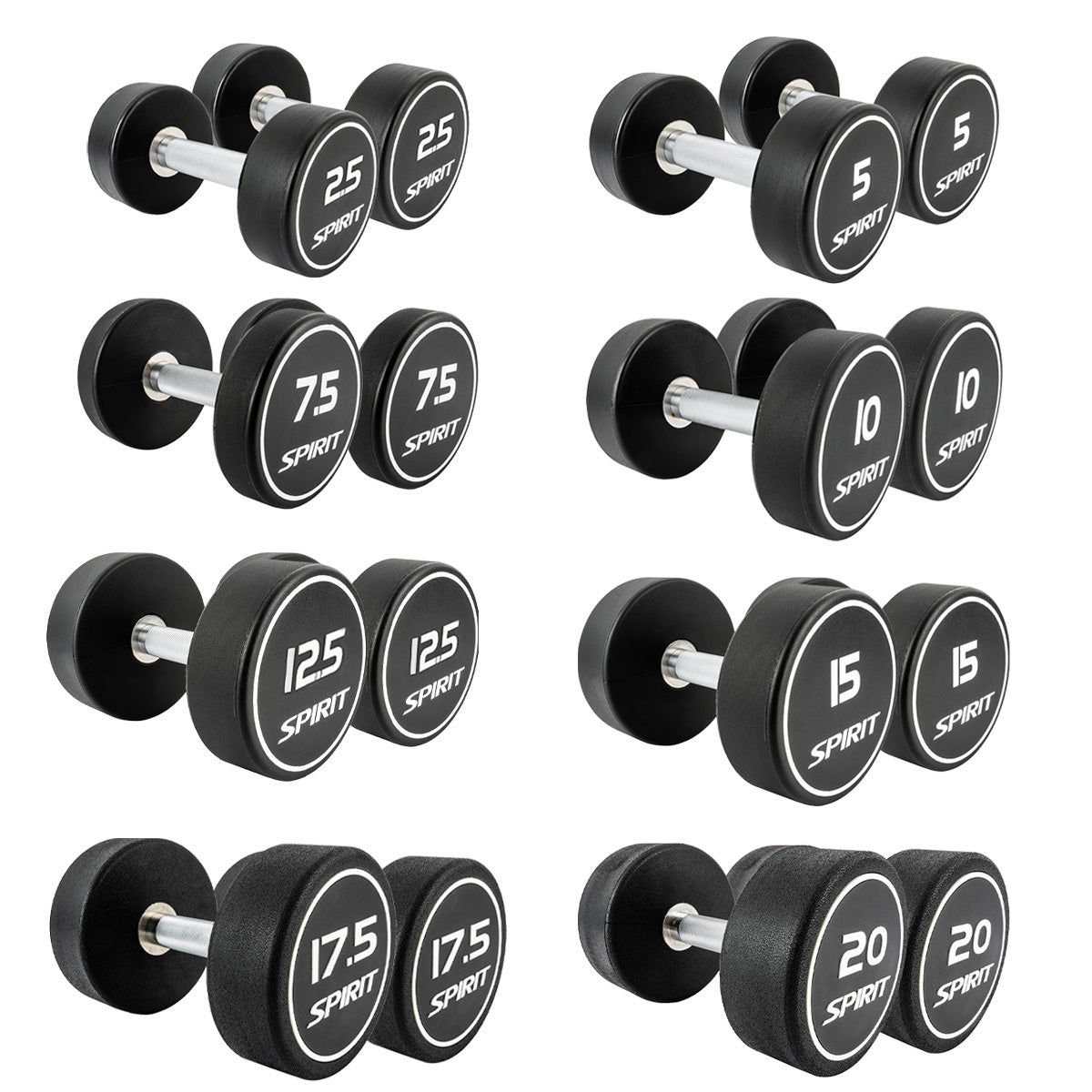 |Spirit Fitness 2.5kg to 20kg Round Rubber Dumbbells Set - 8 pairs|