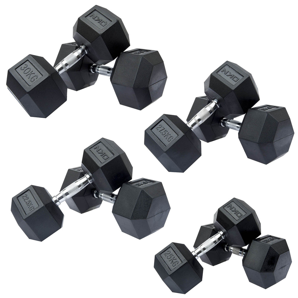 |DKN 22.5, 25, 27.5 and 30kg Rubber Hex Dumbbell Set|