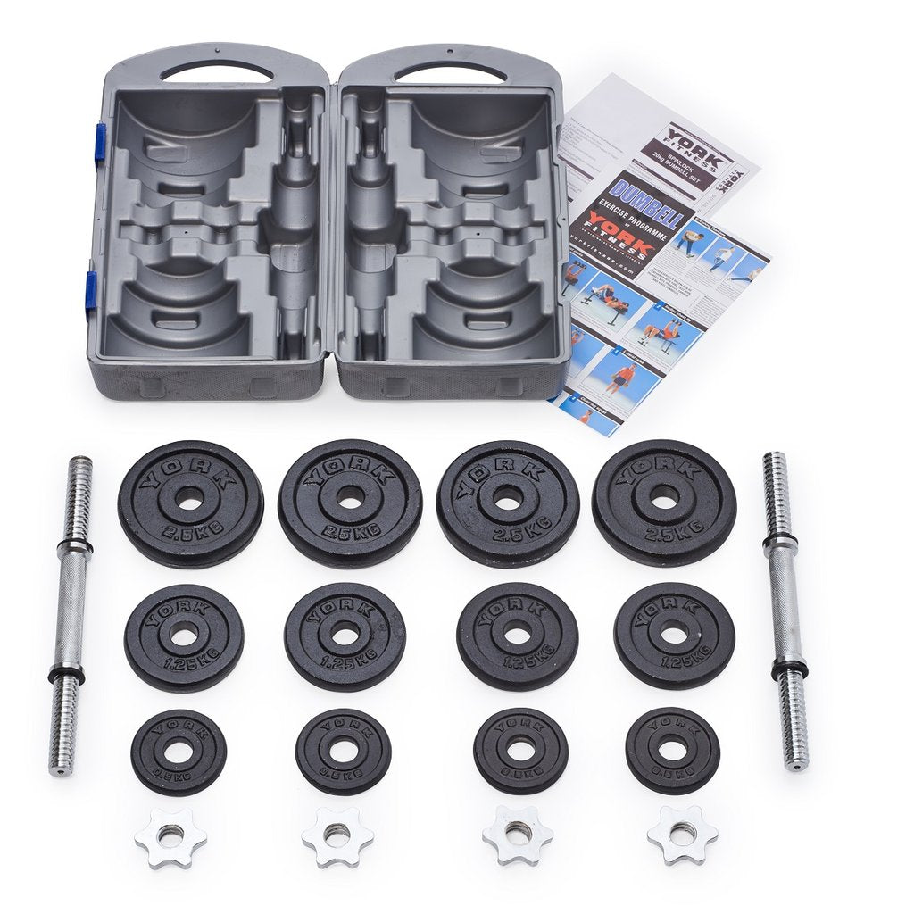|York Fitness 20kg Cast Iron Dumbell Set With Case - Parts|