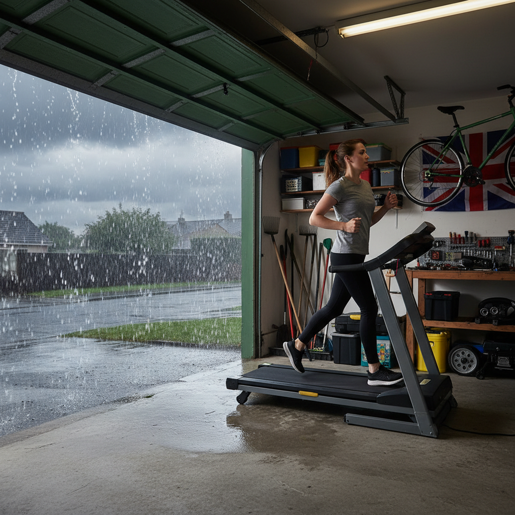 A woman running on a treadmill in her garage with heavy rain outside