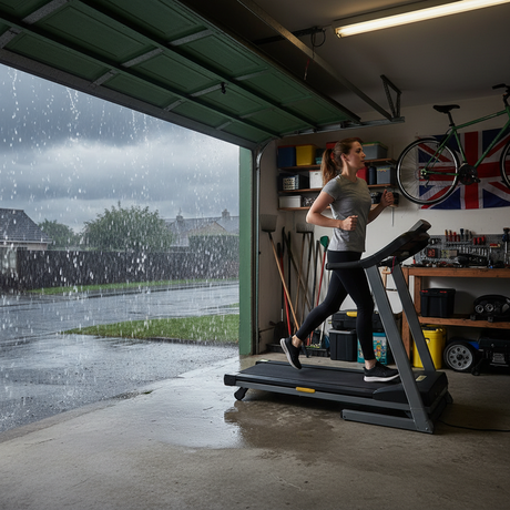 A woman running on a treadmill in her garage with heavy rain outside