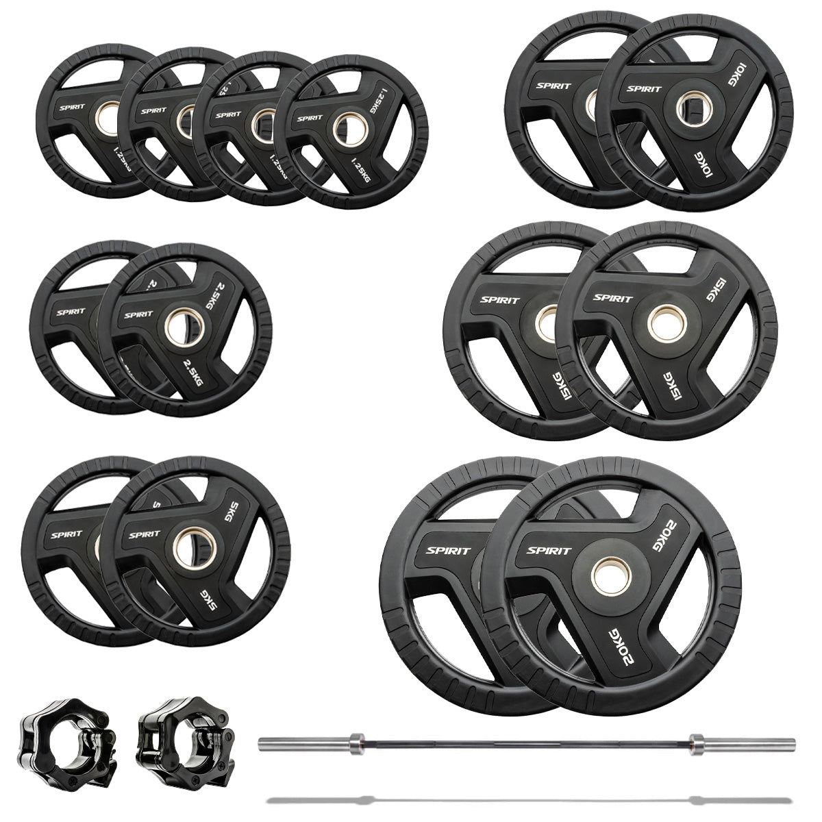 Spirit Fitness 125kg Olympic Rubber Tri Grip Weight Set with 6ft Bar