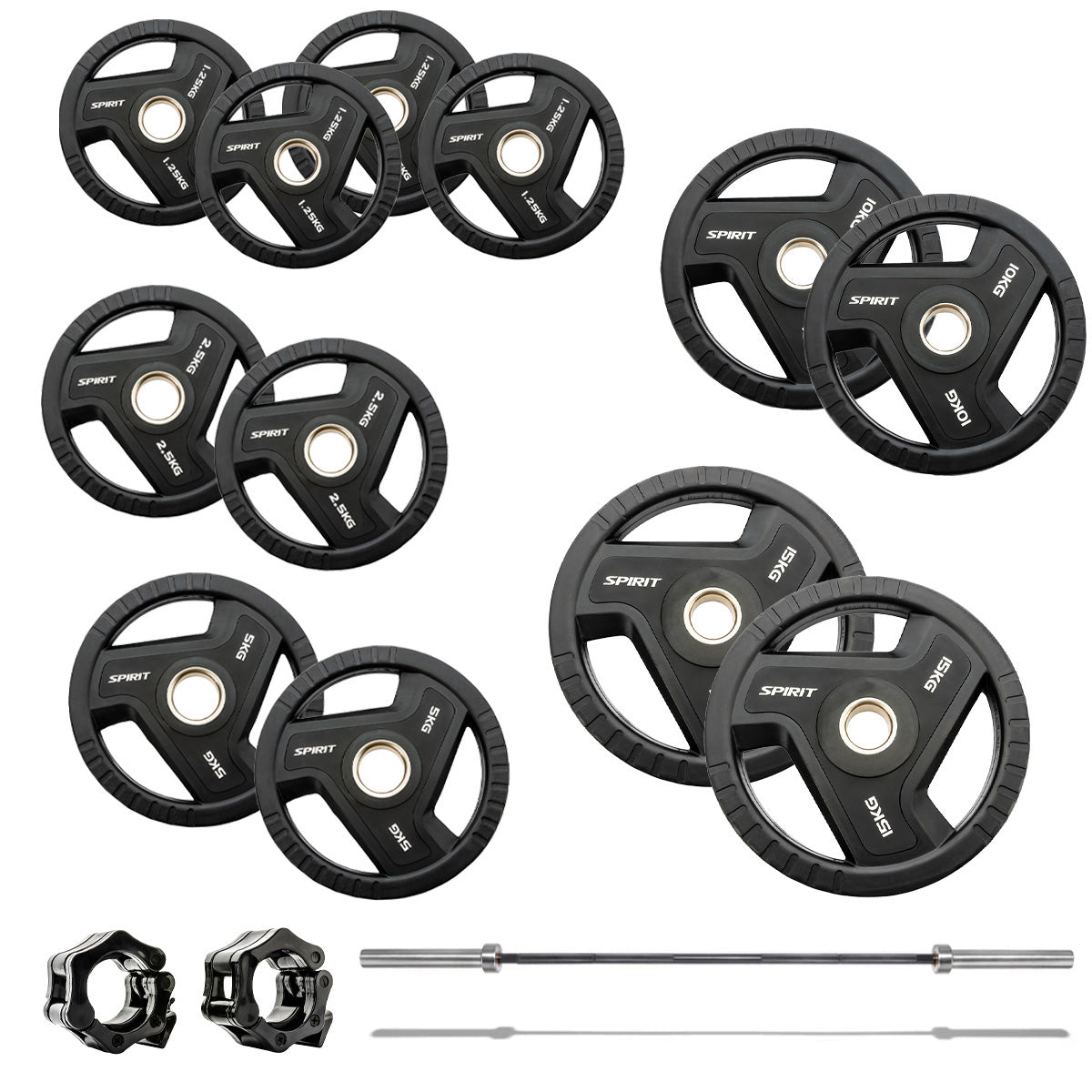 Spirit Fitness 90kg Olympic Rubber Tri Grip Weight Set with 7ft Bar