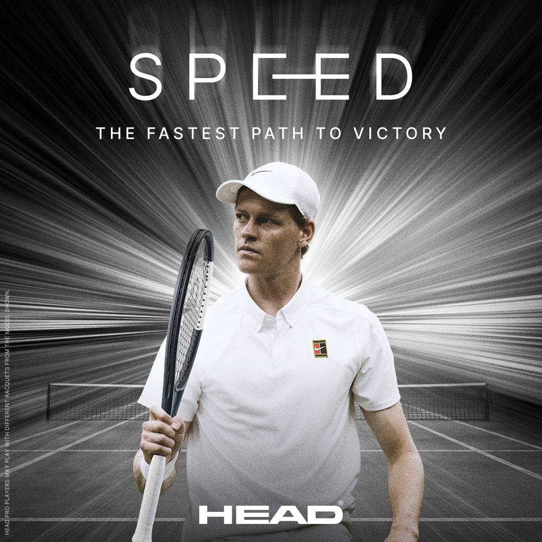 Jannik Sinner holding a racket with 'HEAD' branding and text 'SPEED: The Fastest Path to Victory' on a dynamic background.