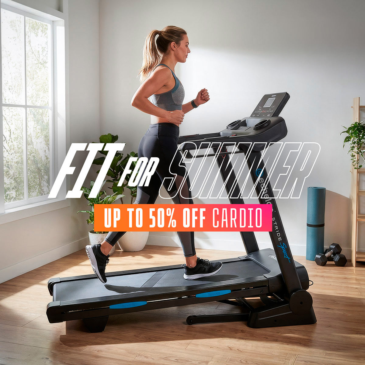 Woman running on a treadmill in a home setting with promotional text overlay.