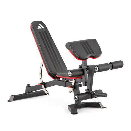 adidas Utility Weight Bench with Preacher Pad and Leg Extension angled