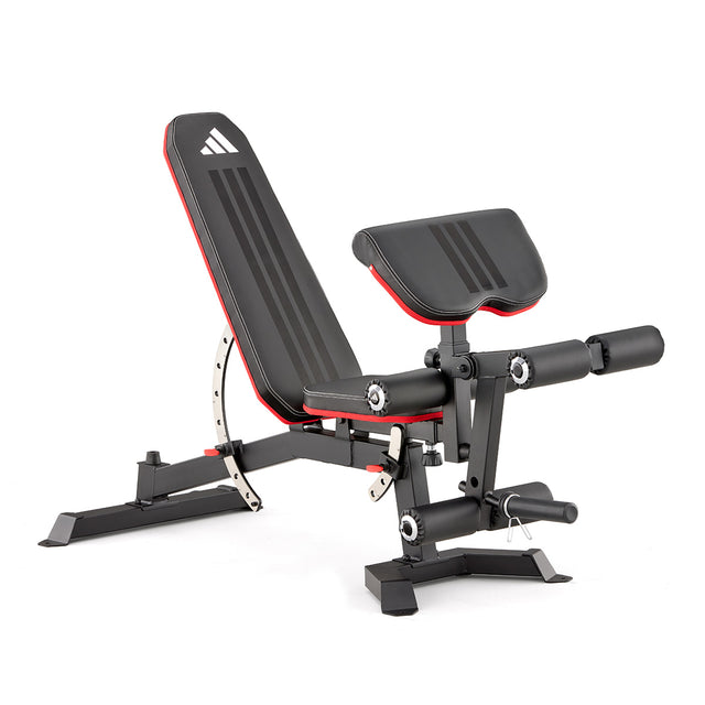 adidas Utility Weight Bench with Preacher Pad and Leg Extension angled
