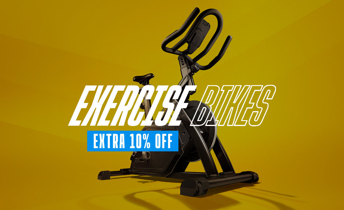 Exercise bike on a yellow background with promotional text.