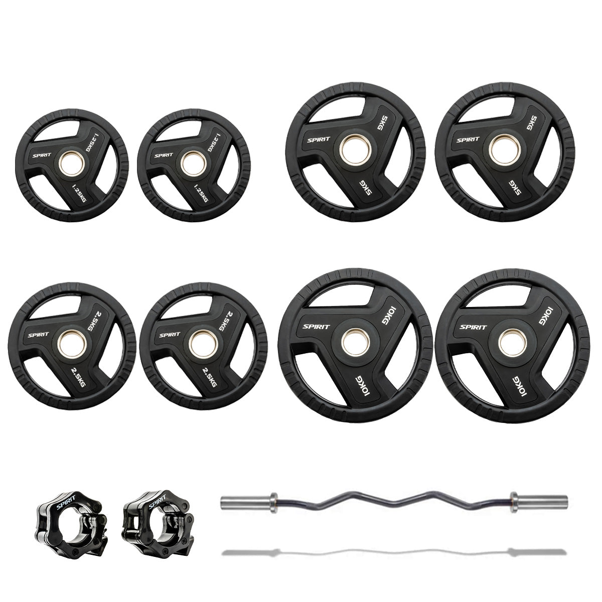 |Spirit Fitness 55kg Olympic Rubber Tri Grip Weight Set with EZ Curl Bar|