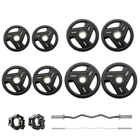 |Spirit Fitness 55kg Olympic Rubber Tri Grip Weight Set with EZ Curl Bar|