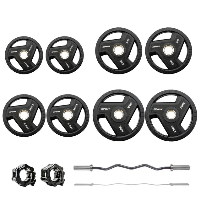 |Spirit Fitness 55kg Olympic Rubber Tri Grip Weight Set with EZ Curl Bar|