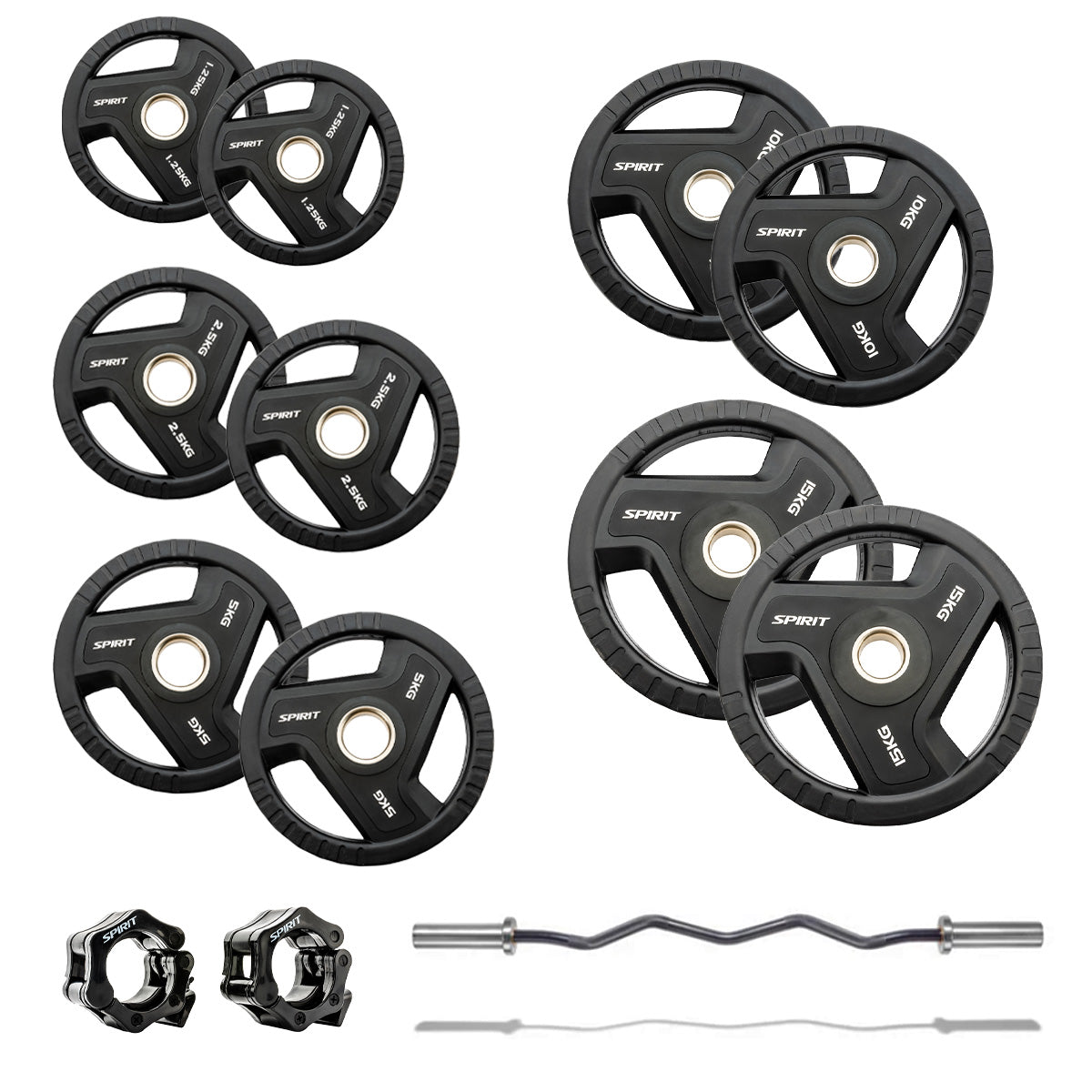 |Spirit Fitness 75kg Olympic Rubber Tri Grip Weight Set with EZ Curl Bar|