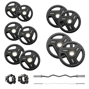 |Spirit Fitness 75kg Olympic Rubber Tri Grip Weight Set with EZ Curl Bar|