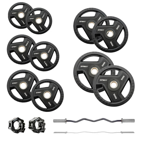 |Spirit Fitness 75kg Olympic Rubber Tri Grip Weight Set with EZ Curl Bar|