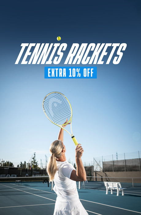 Woman holding a tennis racket on a tennis court with promotional text for tennis rackets and an extra 10% off offer.