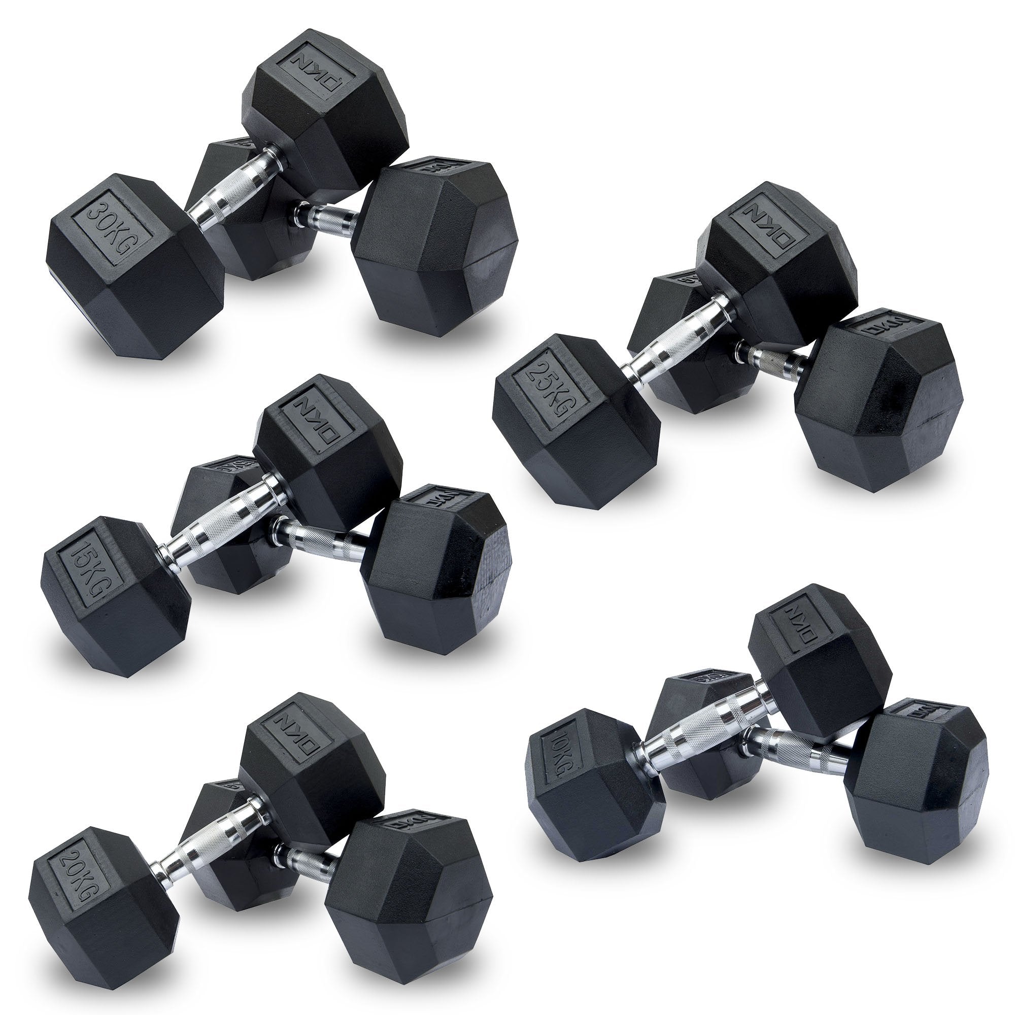DKN 10kg to 30kg Rubber Hex Dumbbell Set 5 Pairs