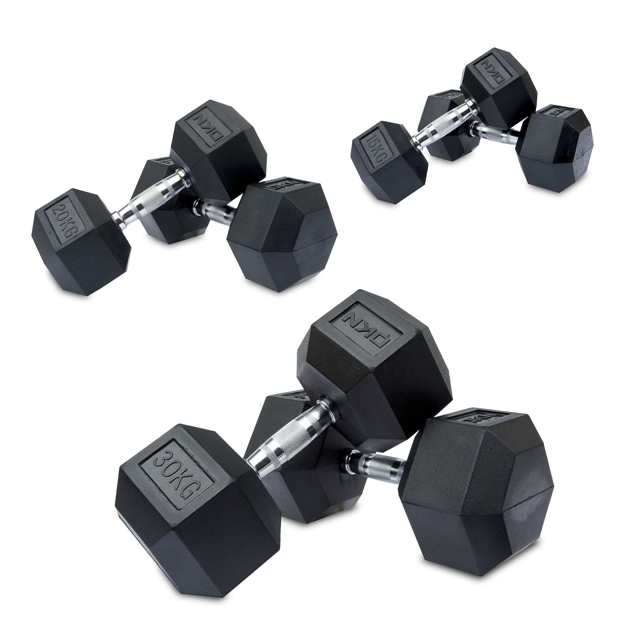 DKN 15 20 30kg Rubber Hex Dumbbell Set