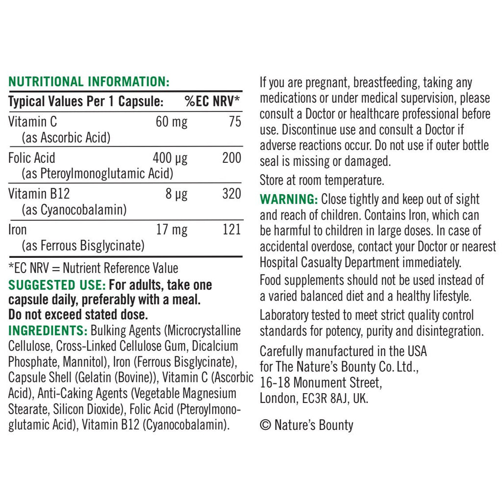 |Natures Bounty Gentle Iron Complex with Vitamins - 100 Capsules - Table|