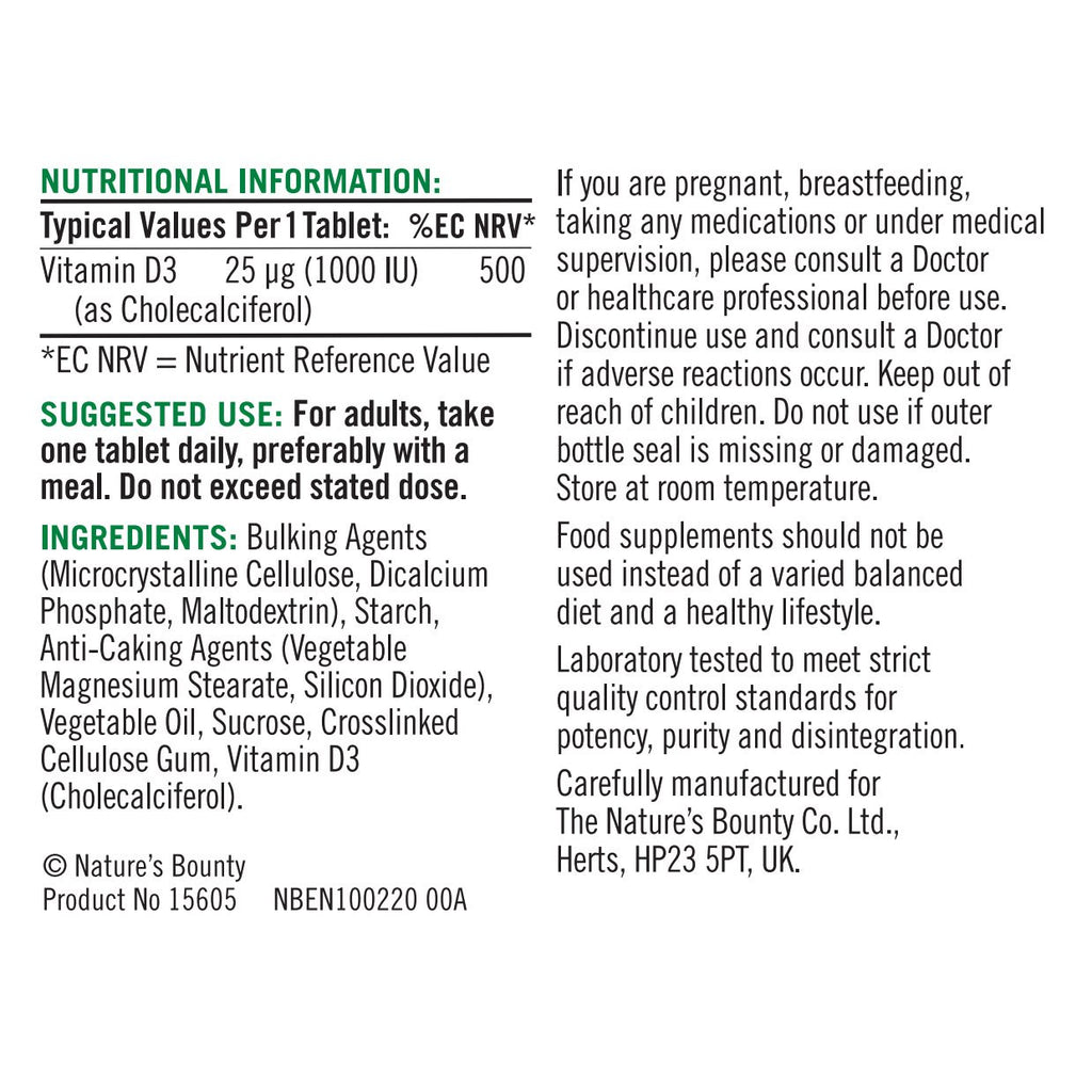 |Natures Bounty Vitamin D3 1000 IU - 100 Tablets - Tab|