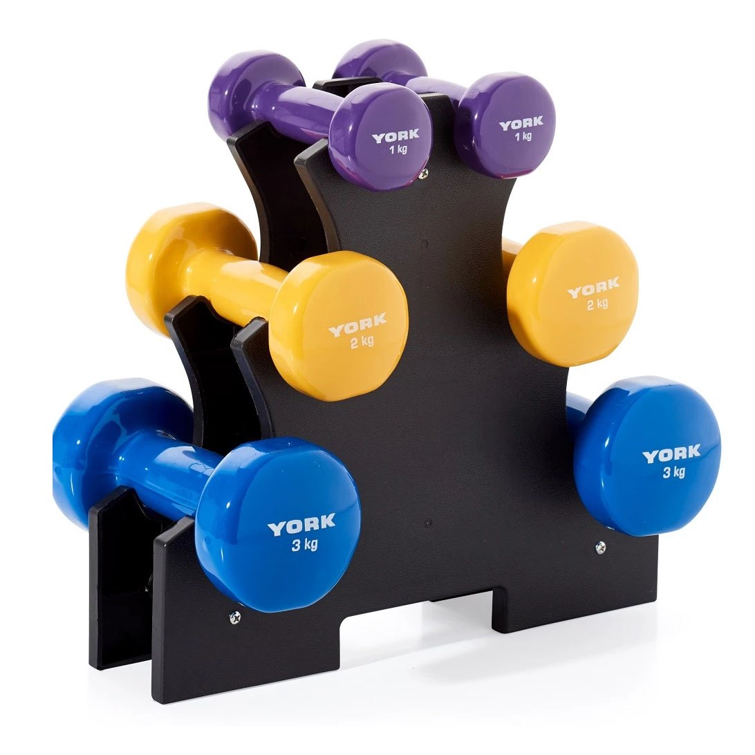 York 12kg Vinyl Dipped Dumbbell Set with Stand Sweatband