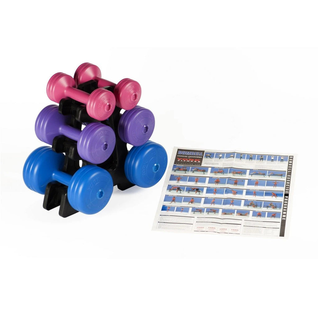 |York 19kg Vinyl Dumbbell Weight Set with Stand - Exercises|