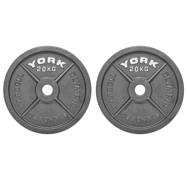 |York 2 x 20kg Hammertone Cast Iron Olympic Weight Plates|