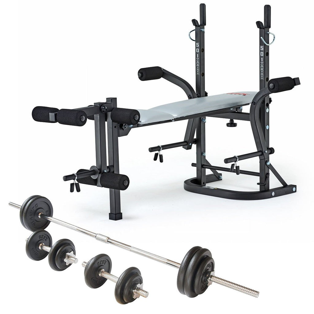 |York B501 Weight Bench and Viavito 50kg Cast Iron Weight Set - Folded|