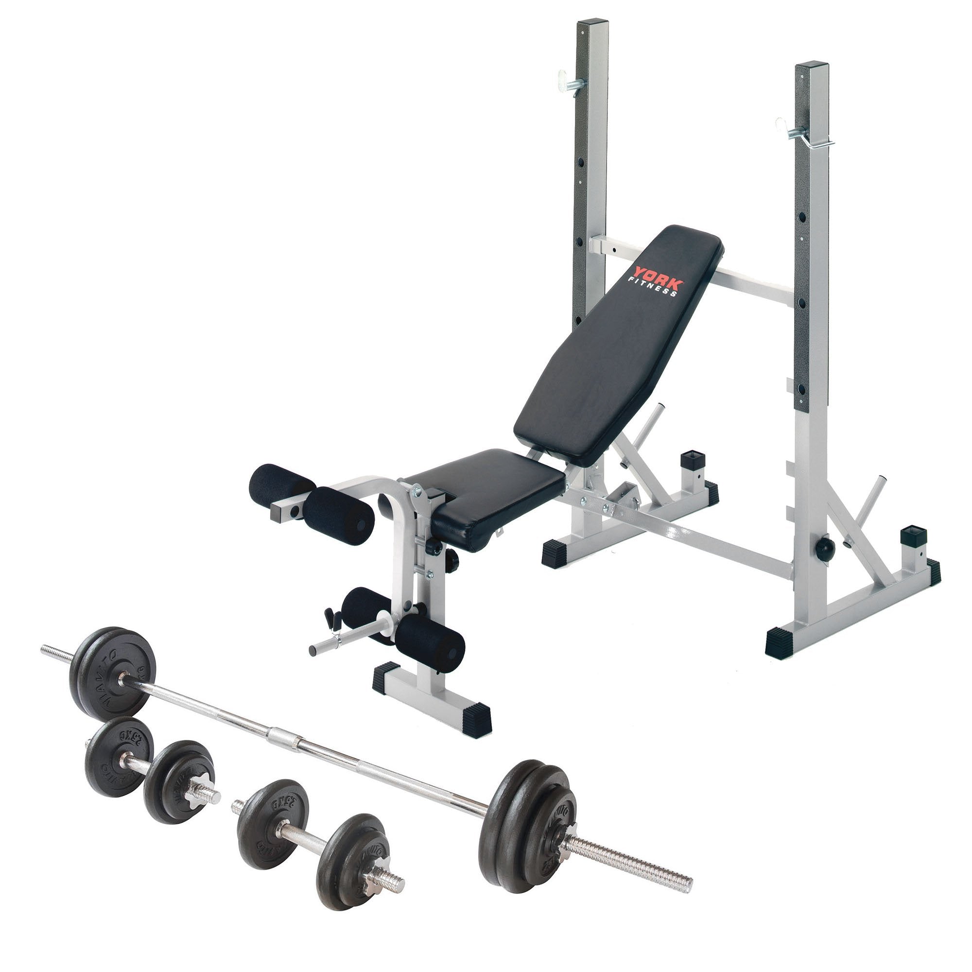 York B540 Folding Weight Bench and Viavito 50kg Cast Iron Weight Set Sweatband