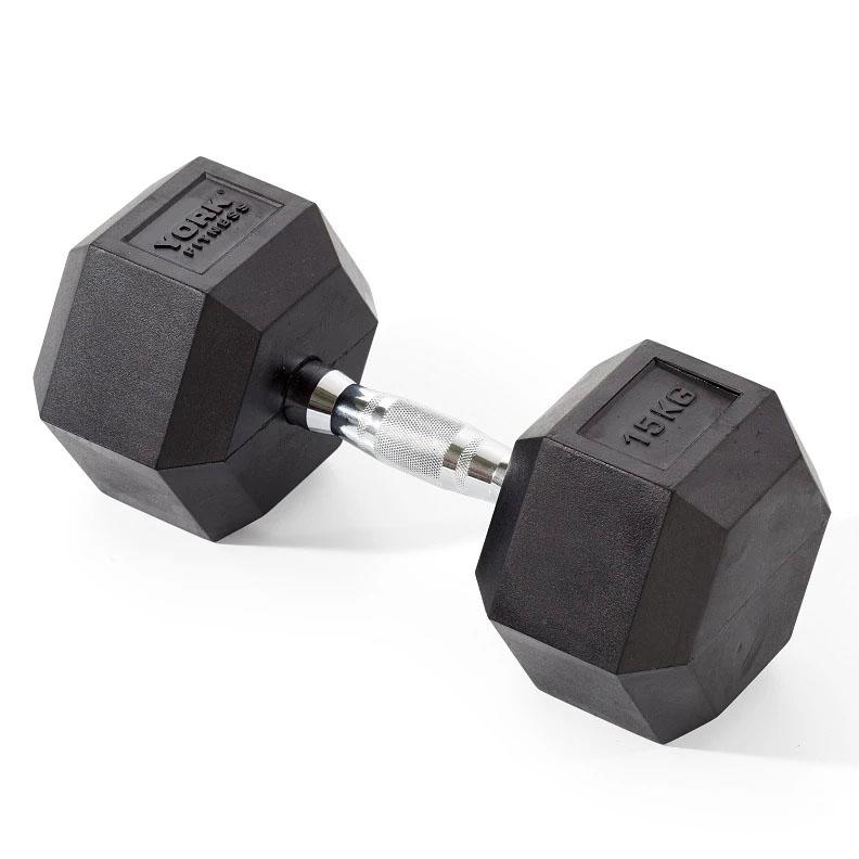 |York Fitness 15kg Rubber Hex Dumbbell|