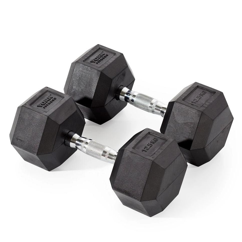 |York Fitness 2 x 12.5kg Rubber Hex Dumbbells|