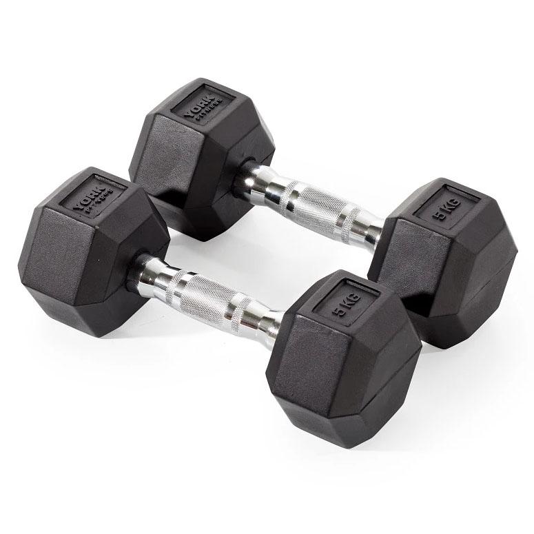 |York Fitness 2 x 5kg Rubber Hex Dumbbells|